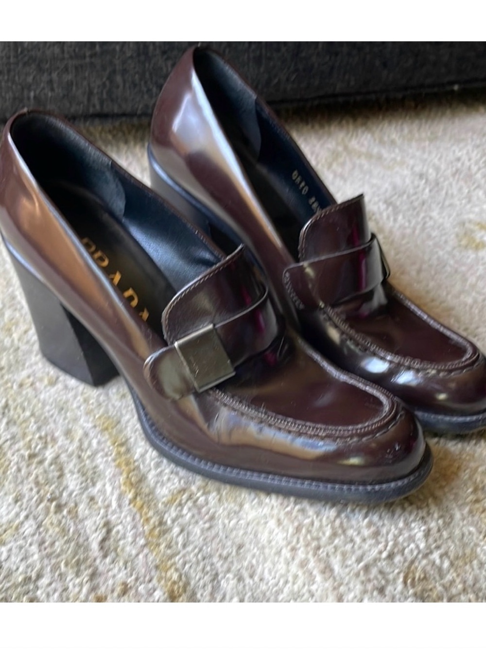 Prada Burgundy Patent Leather Block Heel Loafers